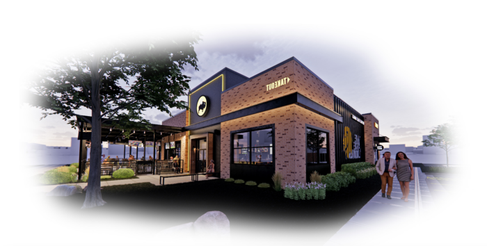 A computer-generated render of a Buffalo Wild Wings restaurant.